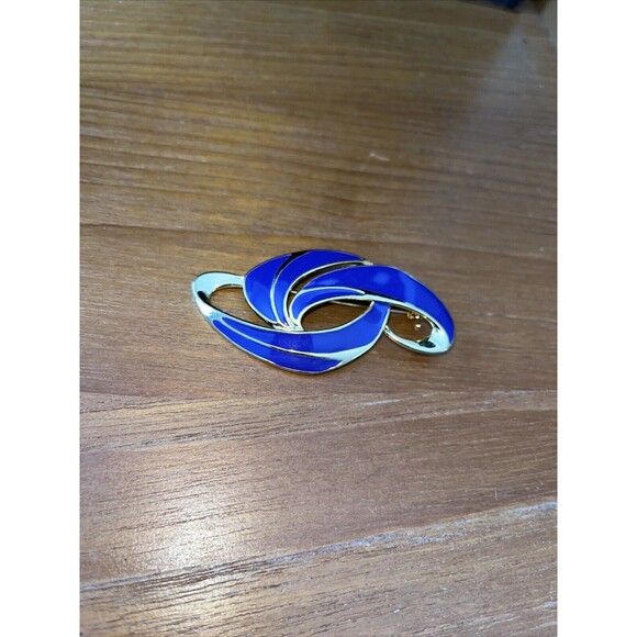 Vintage Blue Enamel Brooch Pin Modernist Design Gold Tone - Picture 1 of 6